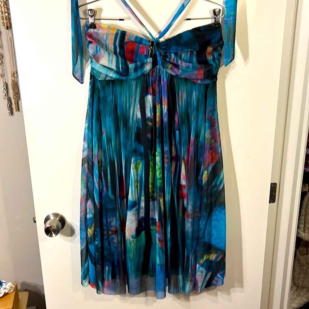 Elana Kattan mini blue watercolor print mini dress. Convertible straps. Size M